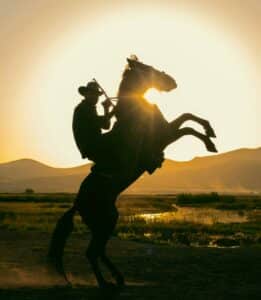 A cowboy silhouette on a rearing horse against the golden sunset in Kayseri, showcasing nature's beauty.